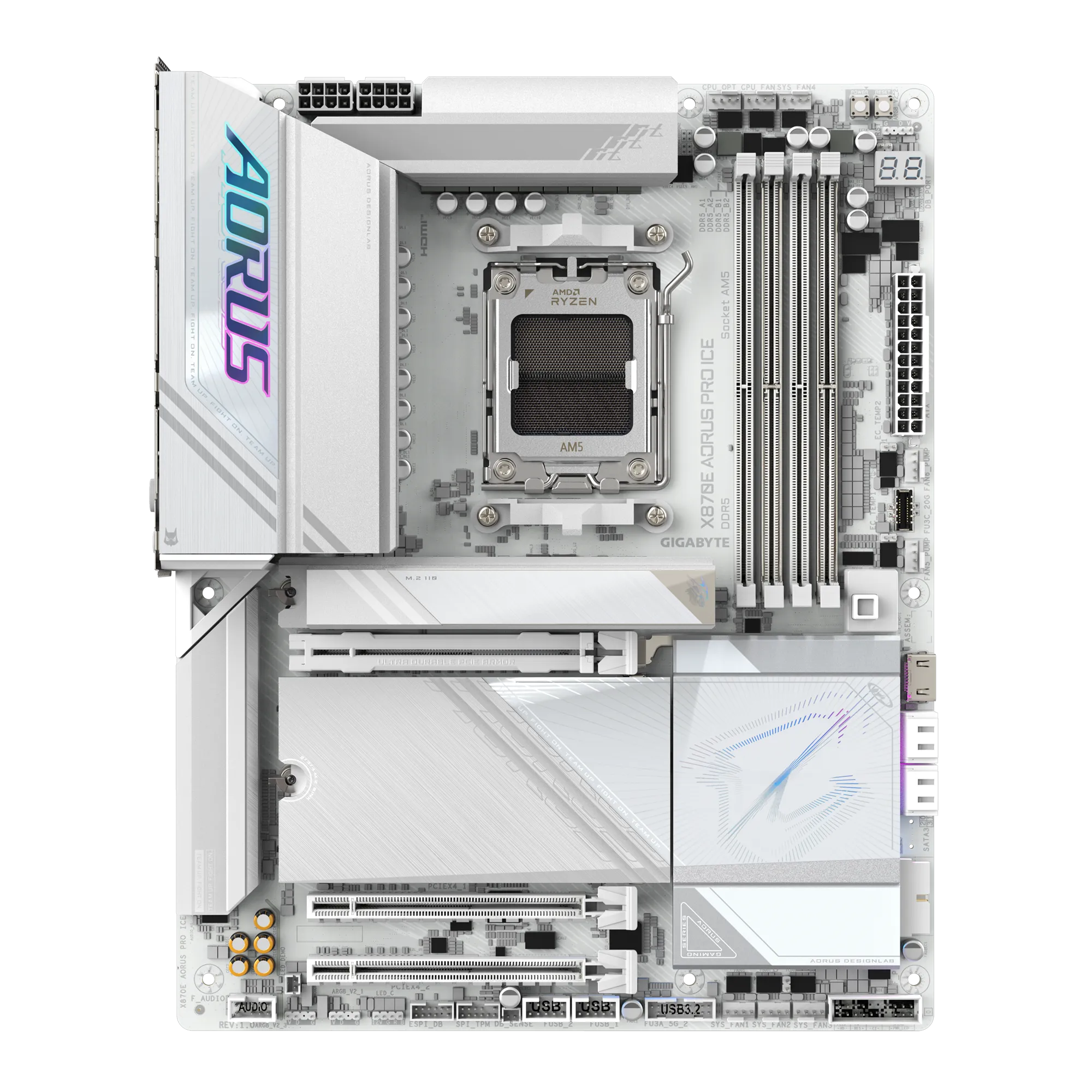 Placa Madre GIGABYTE X870E AORUS PRO ICE – AM5, DDR5 8200+, PCIe 5.0, USB4, Wi-Fi 7 - Vista 2