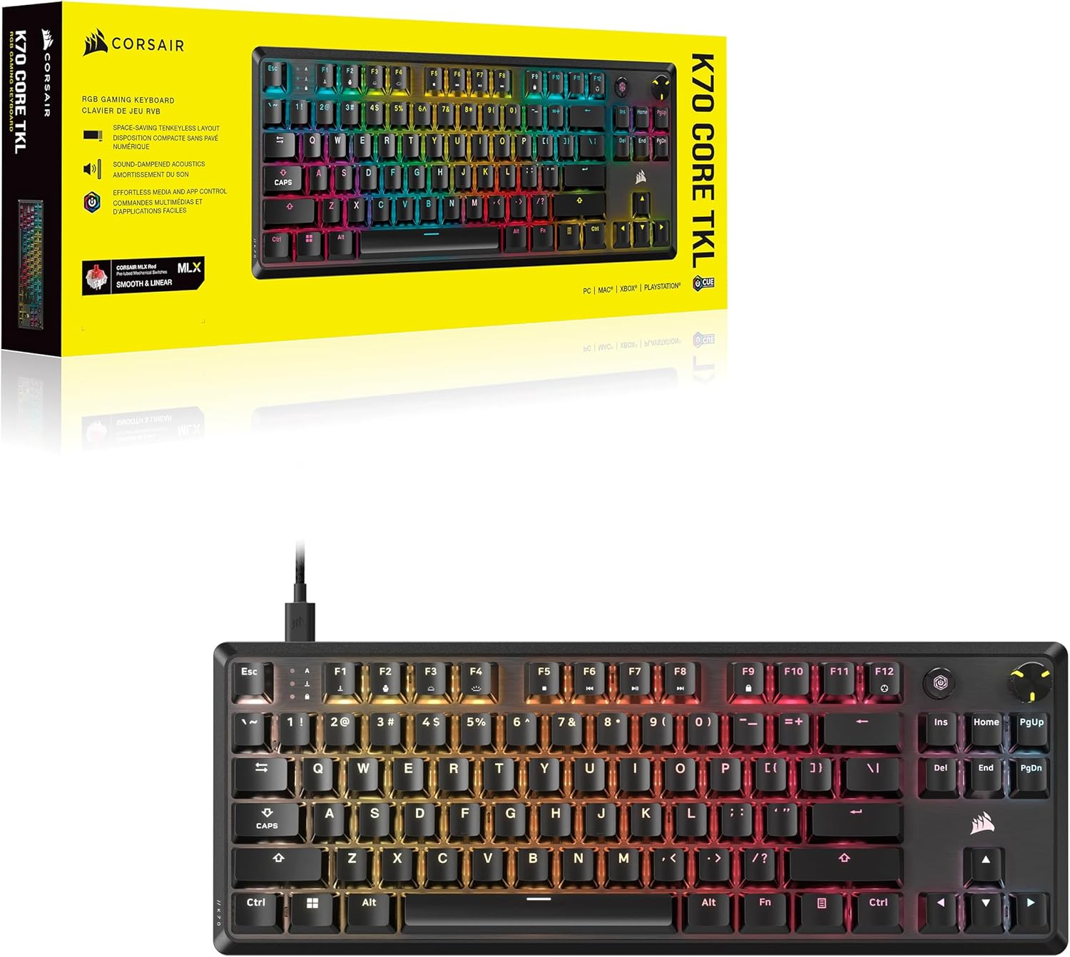Teclado Mecánico Gamer Corsair K70 CORE TKL RGB — MLX Red v2, Tenkeyless, Negro vista 5