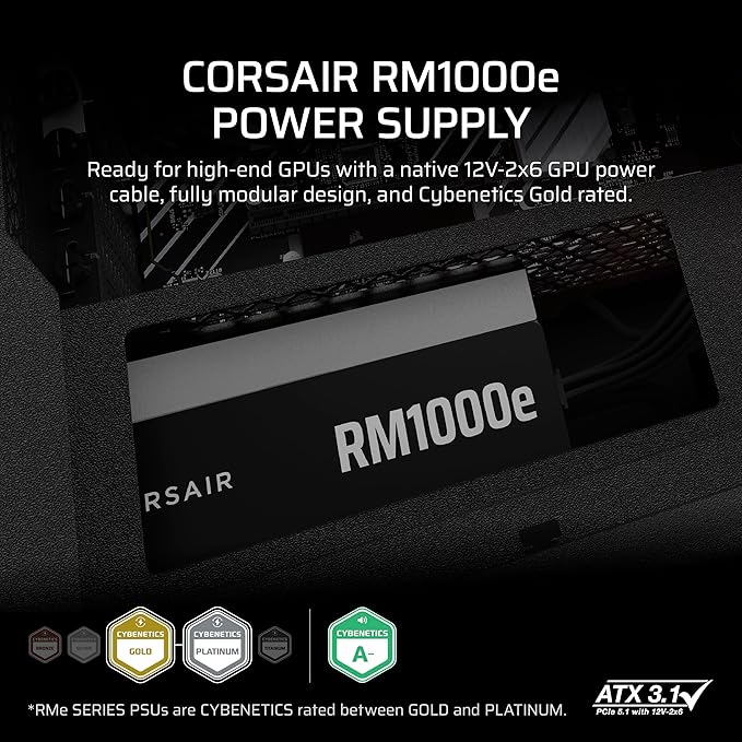 Fuente de Poder Corsair RM1000e 1000W — ATX 3.1, Modular, 12V-2×6, Cybenetics Gold vista 3