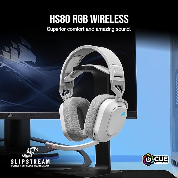 Auriculares premium para juegos HS80 RGB WIRELESS con audio espacial, color blanco vista 3