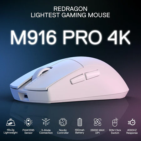 Mouse Gamer Redragon King Pro M916 Wireless – 4K Hz, Ultra Ligero 49g, Sensor Pixart 3395 – Blanco vista 3