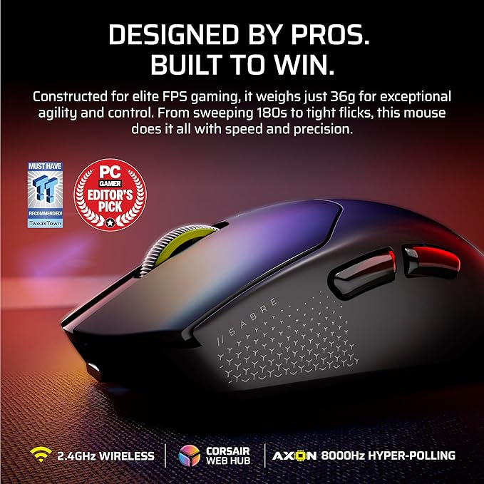 Mouse Gamer Corsair SABRE v2 PRO ULTRALIGHT Wireless Negro — 36g, 33.000 DPI, 8.000 Hz, vista 5