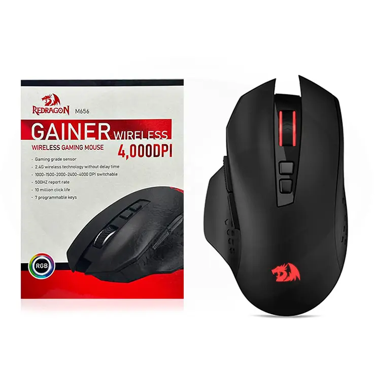 Mouse Gamer Redragon M656 Gainer – Inalámbrico 2.4GHz, 4000 DPI, 7 Botones Programables, Retroiluminación Roja – Negro vista 1
