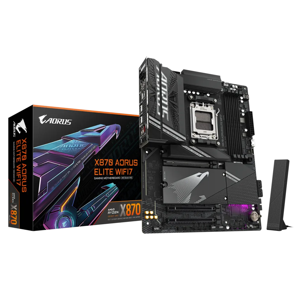 Placa Madre Gigabyte X870 AORUS ELITE WiFi 7 – AM5 ATX con DDR5 hasta 8200 MHz, PCIe 5.0, USB4 (2× Type-C con DP), NVMe RAID 5 y Wi-Fi 7. vista 1