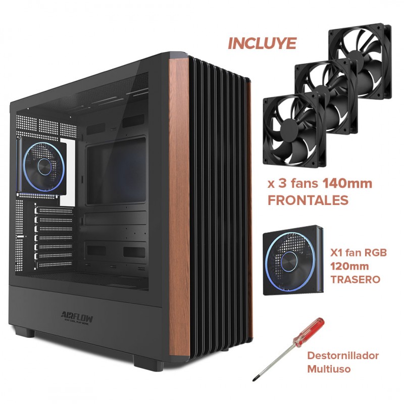 Gabinete AirFlow Roble Work ATX con 4 Ventiladores Negro