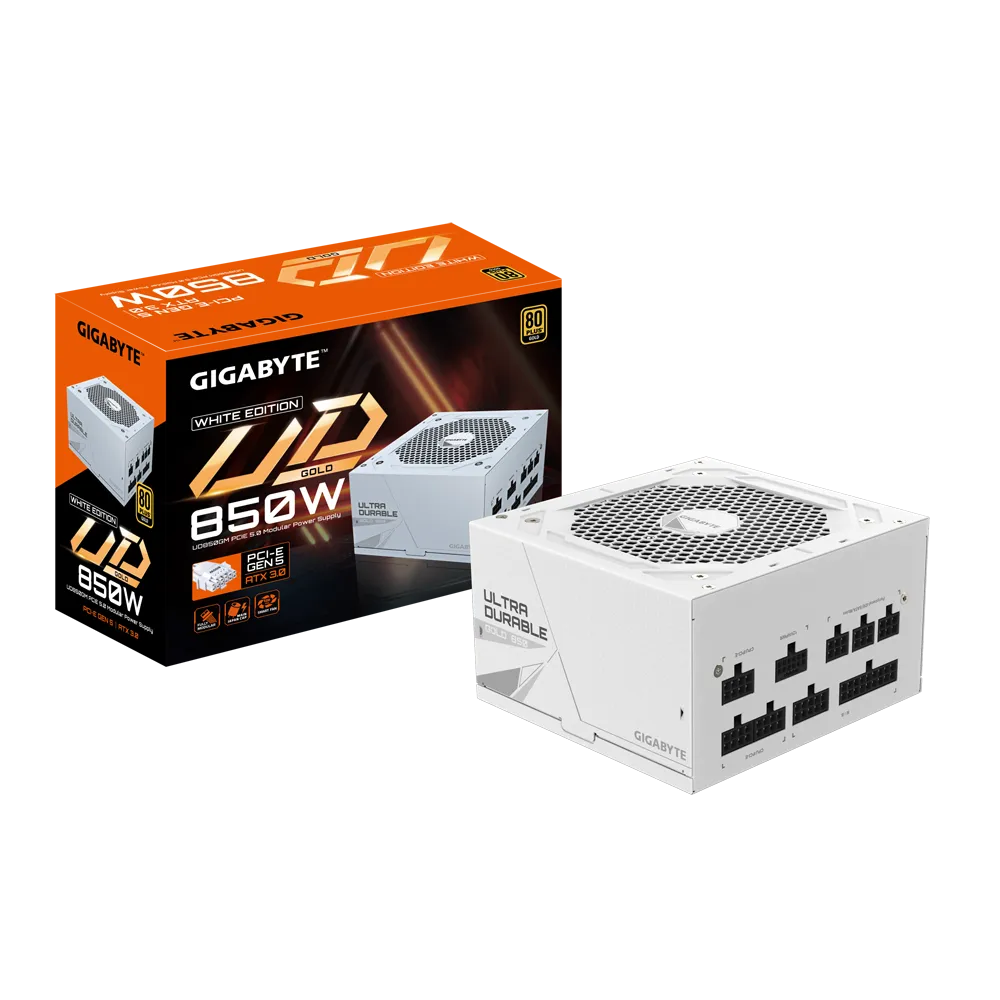 Fuente de Poder Gigabyte UD850GM PG5W 850W 80+ Gold – ATX 3.0 / PCIe 5.0 / Cables Blancos vista 1