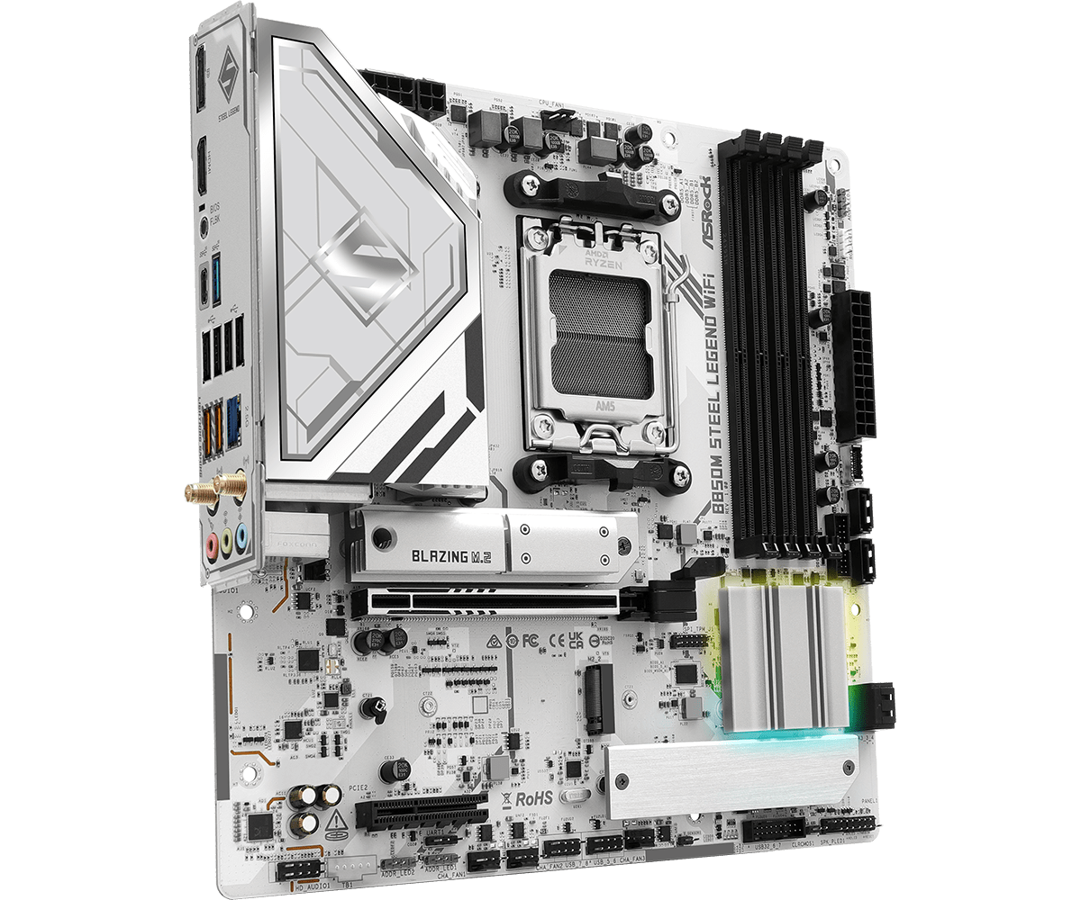 Placa Madre ASRock B850M STEEL LEGEND WIFI – Micro ATX / DDR5 / PCIe 5.0 / WiFi 7 / Ryzen 9000-8000-7000 - Vista 4