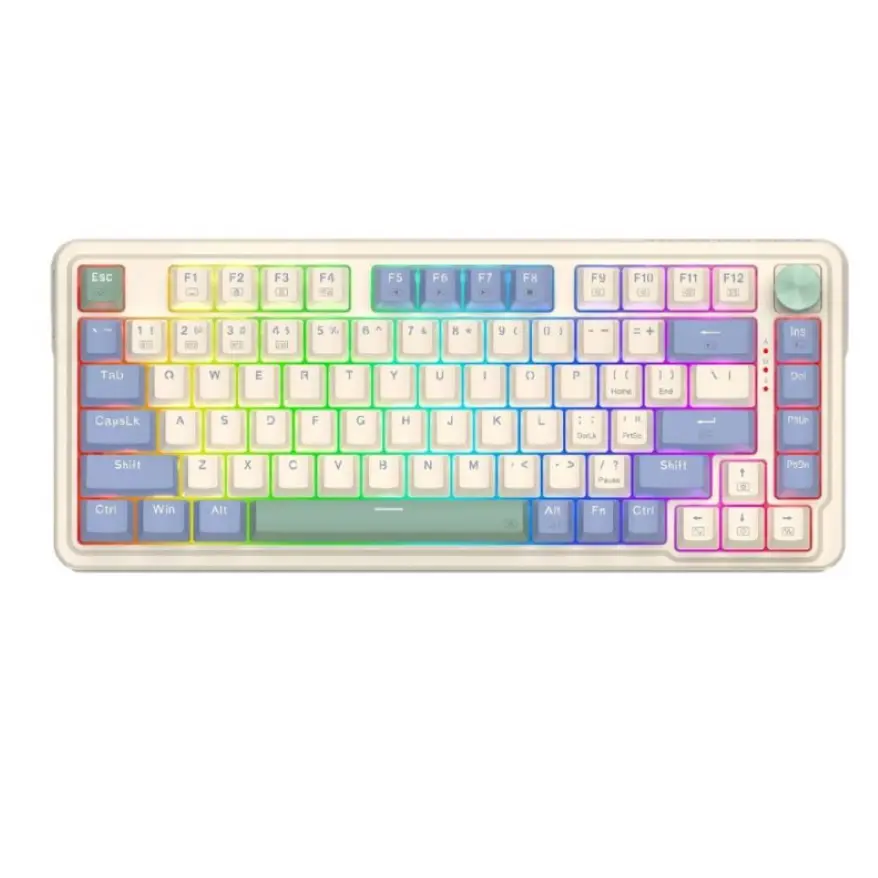 Teclado Gamer Redragon Ucal Pro K673 RGB – Mecánico 75%, Inalámbrico, Switch Red, Rueda de Control, PBT, Inglés – Tricolor Cream/Purple/Green