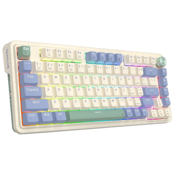 Teclado Gamer Redragon Ucal Pro K673 RGB – Mecánico 75%, Inalámbrico, Switch Red, Rueda de Control, PBT, Inglés – Tricolor Cream/Purple/Green - Vista 2