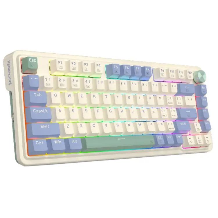 Teclado Gamer Redragon Ucal Pro K673 RGB – Mecánico 75%, Inalámbrico, Switch Red, Rueda de Control, PBT, Inglés – Tricolor Cream/Purple/Green vista 2