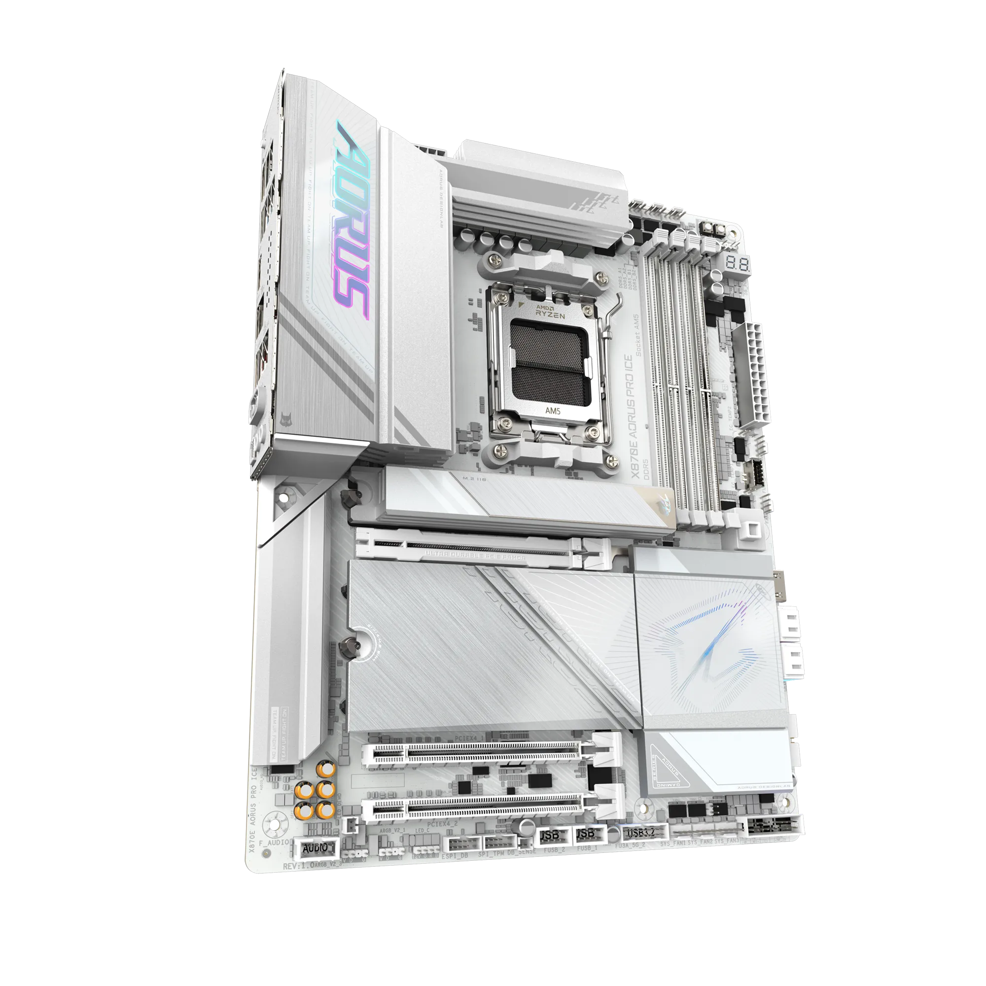 Placa Madre GIGABYTE X870E AORUS PRO ICE – AM5, DDR5 8200+, PCIe 5.0, USB4, Wi-Fi 7 - Vista 3