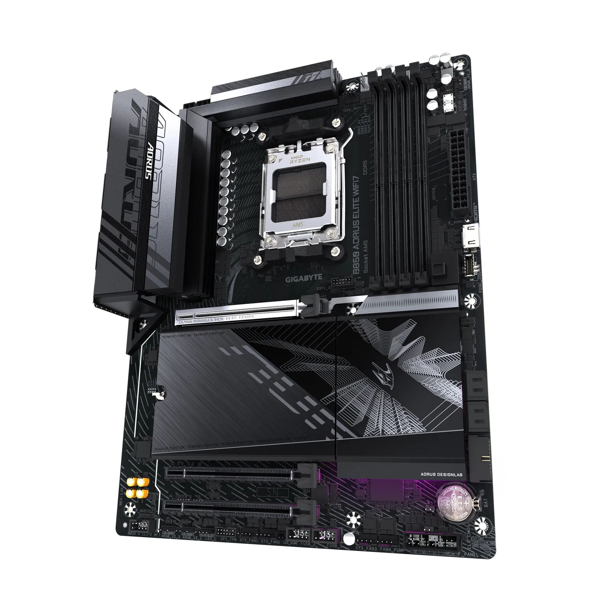 Placa Madre Gigabyte B850 AORUS ELITE WiFi 7 – AM5 ATX con DDR5 hasta 8200 MHz, PCIe 5.0, triple M.2 NVMe vista 3