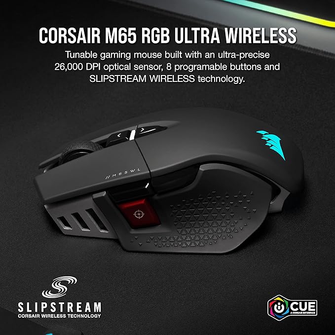 Mouse Gamer Corsair M65 RGB ULTRA WIRELESS — 26.000 DPI, SLIPSTREAM, Peso Ajustable vista 3