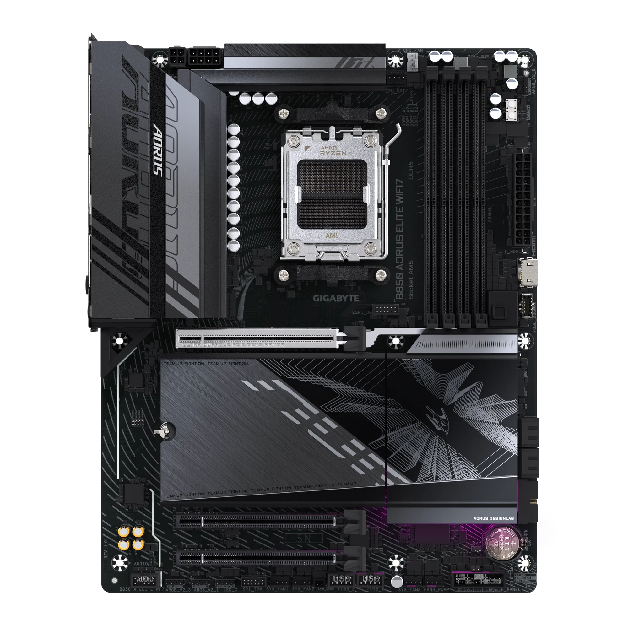 Placa Madre Gigabyte B850 AORUS ELITE WiFi 7 – AM5 ATX con DDR5 hasta 8200 MHz, PCIe 5.0, triple M.2 NVMe vista 5