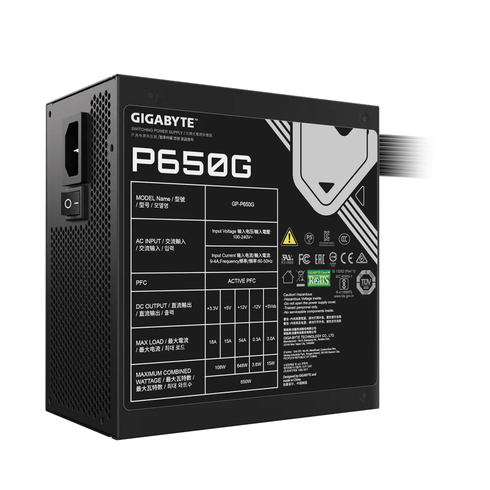 Fuente de Poder Gigabyte P650G 650W 80+ Gold – ATX / Cables Planos Negros vista 3