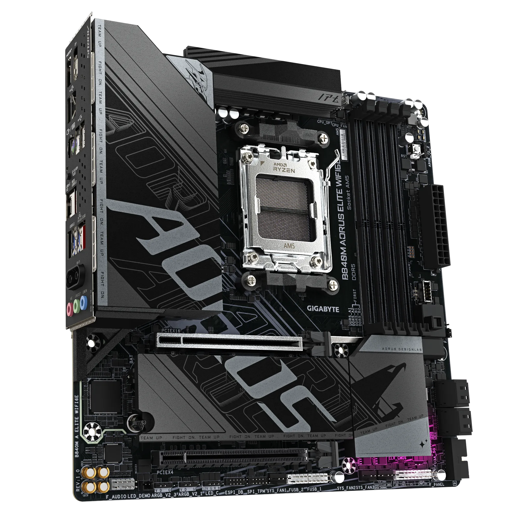 Placa Madre Gigabyte B840M AORUS ELITE WiFi6E AM5 – DDR5, PCIe 4.0, M.2, HDMI/DP, USB-C, WiFi 6E, mATX – Ryzen 7000/8000/9000 - Vista 3