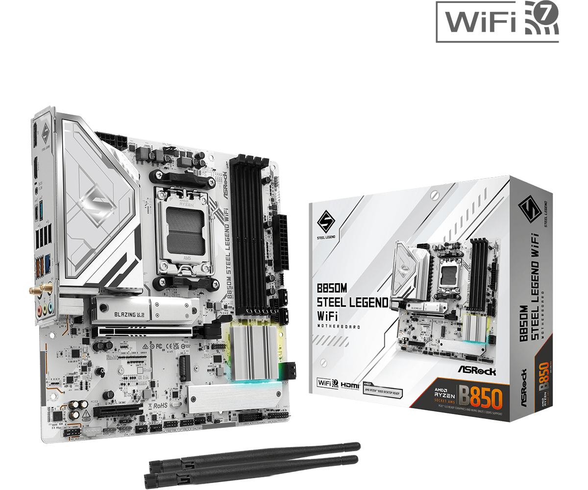 Placa Madre ASRock B850M STEEL LEGEND WIFI – Micro ATX / DDR5 / PCIe 5.0 / WiFi 7 / Ryzen 9000-8000-7000