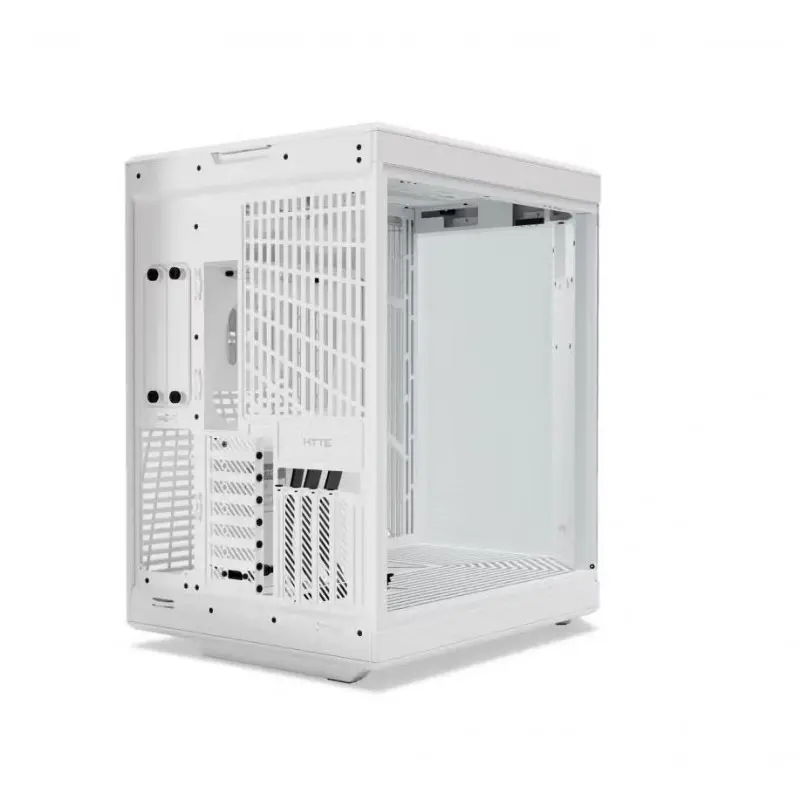 Gabinete HYTE Y70 LCD Snow White ATX — Pantalla 14.9" 2.5K — con Riser PCIe 4.0 vista 3