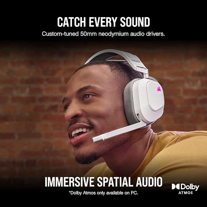 Auriculares premium para juegos HS80 RGB WIRELESS con audio espacial, color blanco vista 2