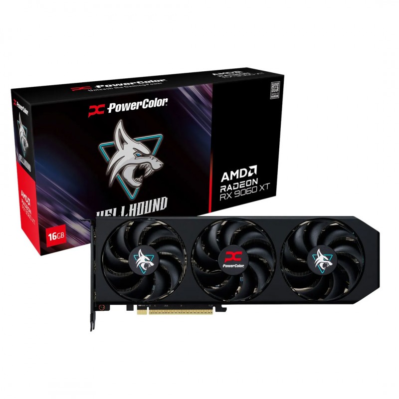 Tarjeta de Video PowerColor RX 9060 XT Hellhound 16GB GDDR6 Triple Fan PCIe 5.0 OC vista 1