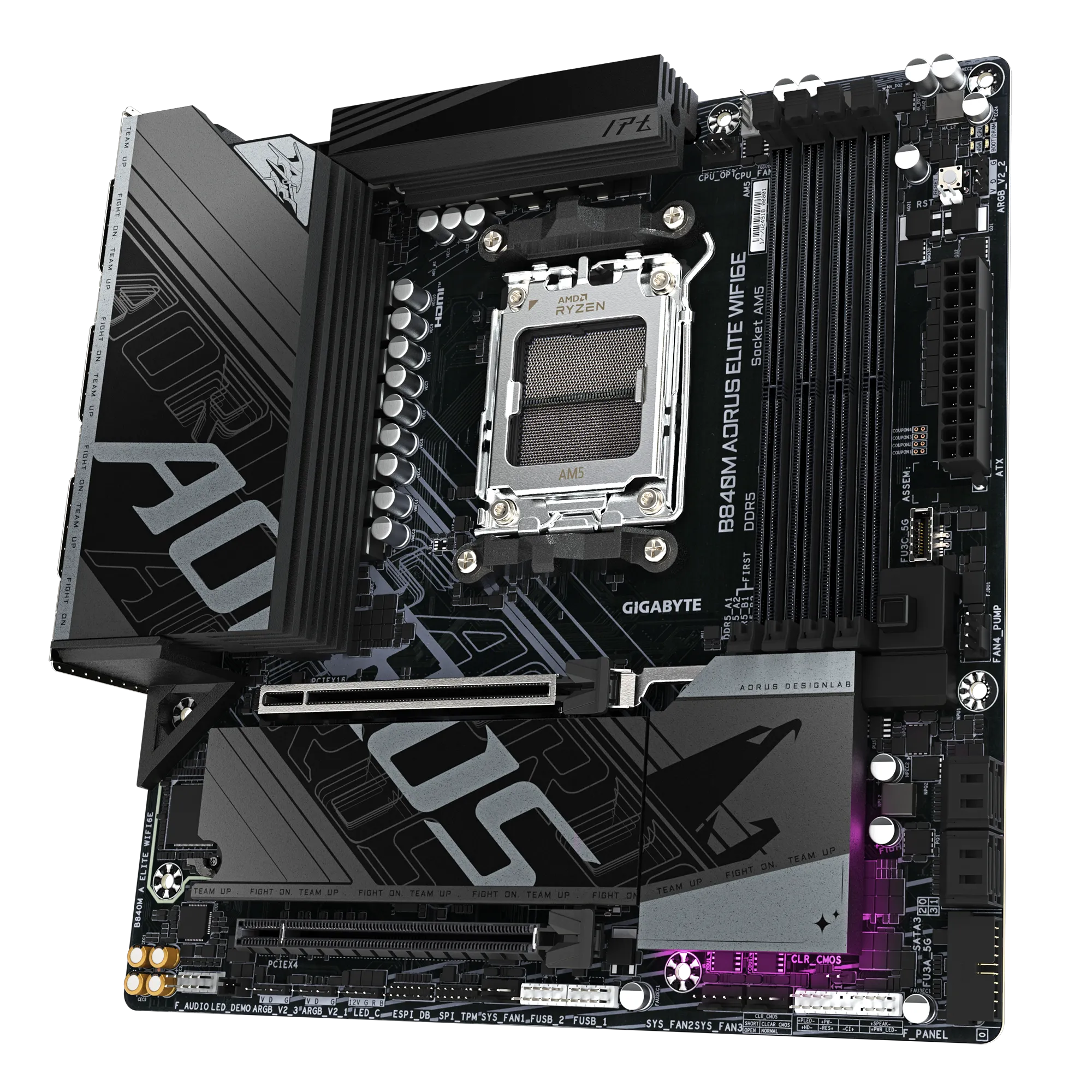 Placa Madre Gigabyte B840M AORUS ELITE WiFi6E AM5 – DDR5, PCIe 4.0, M.2, HDMI/DP, USB-C, WiFi 6E, mATX – Ryzen 7000/8000/9000 - Vista 4