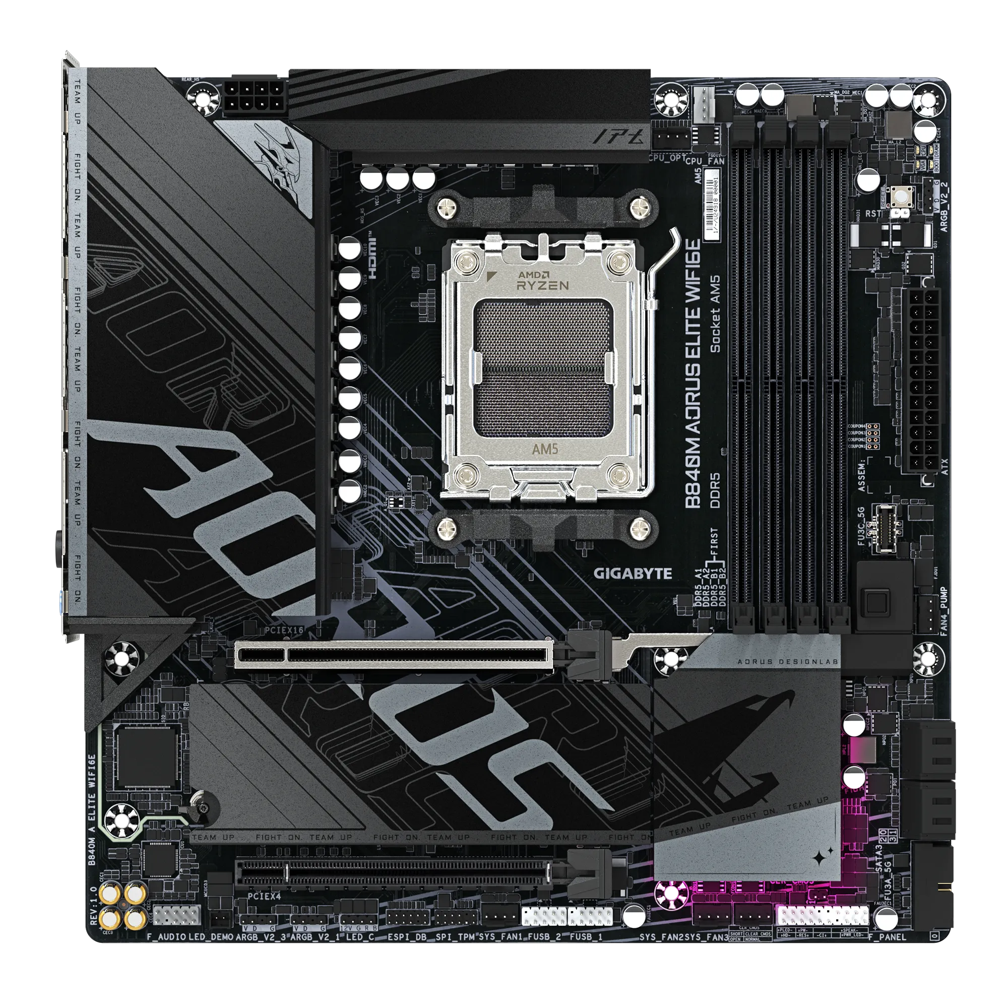 Placa Madre Gigabyte B840M AORUS ELITE WiFi6E AM5 – DDR5, PCIe 4.0, M.2, HDMI/DP, USB-C, WiFi 6E, mATX – Ryzen 7000/8000/9000 - Vista 2