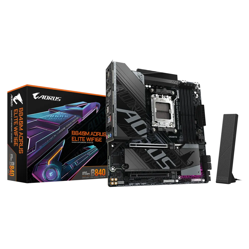 Placa Madre Gigabyte B840M AORUS ELITE WiFi6E AM5 – DDR5, PCIe 4.0, M.2, HDMI/DP, USB-C, WiFi 6E, mATX – Ryzen 7000/8000/9000