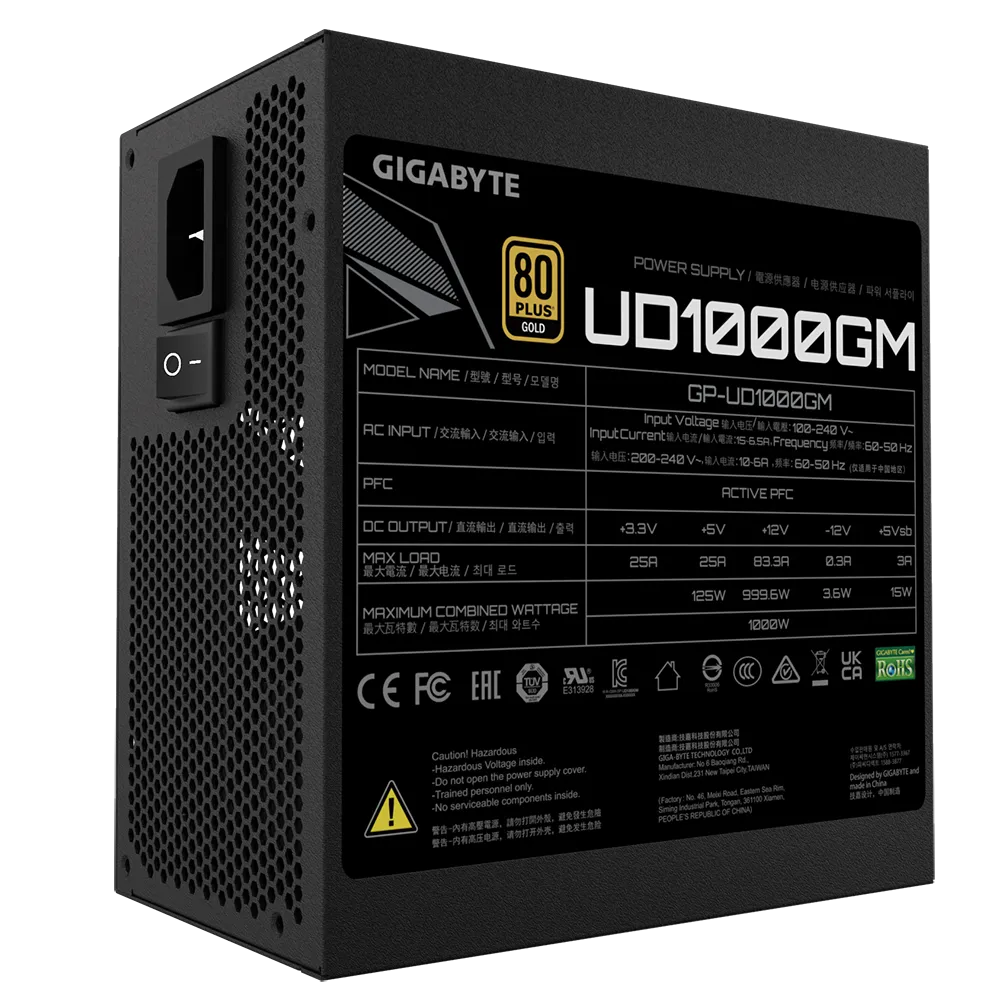 Fuente de Poder Gigabyte UD1000GM 1000W 80+ Gold – ATX 12V v2.31 / PFC Activo / Cables Planos Negros vista 5