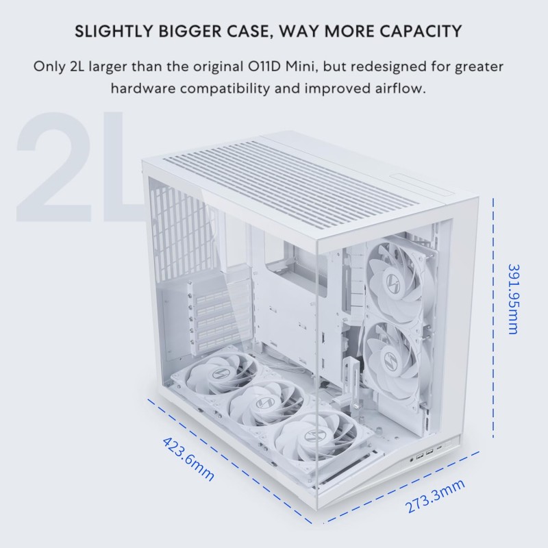 Gabinete Lian Li O11D Mini V2 Flow ATX Blanco con 5 Ventiladores vista 3