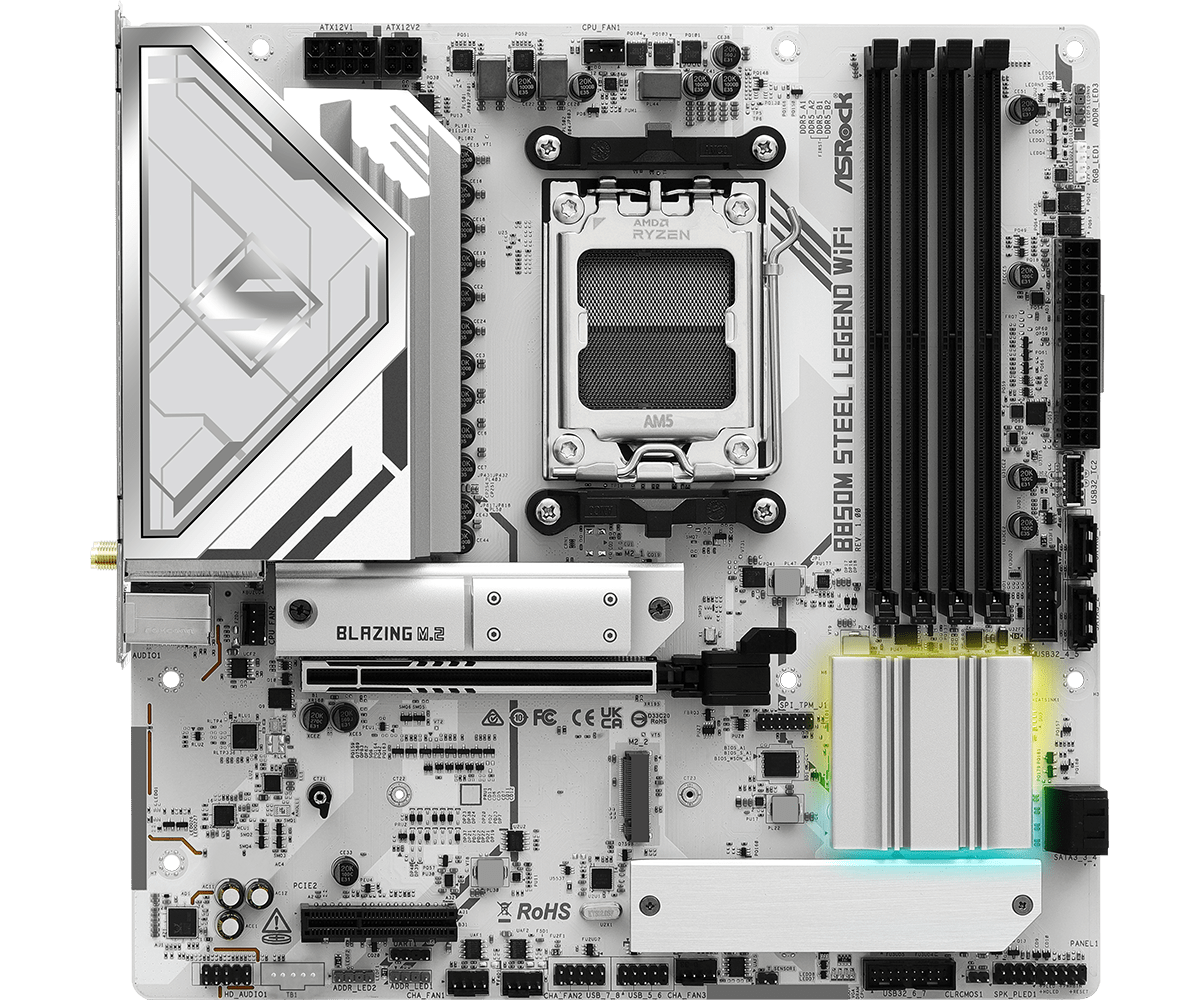 Placa Madre ASRock B850M STEEL LEGEND WIFI – Micro ATX / DDR5 / PCIe 5.0 / WiFi 7 / Ryzen 9000-8000-7000 - Vista 3