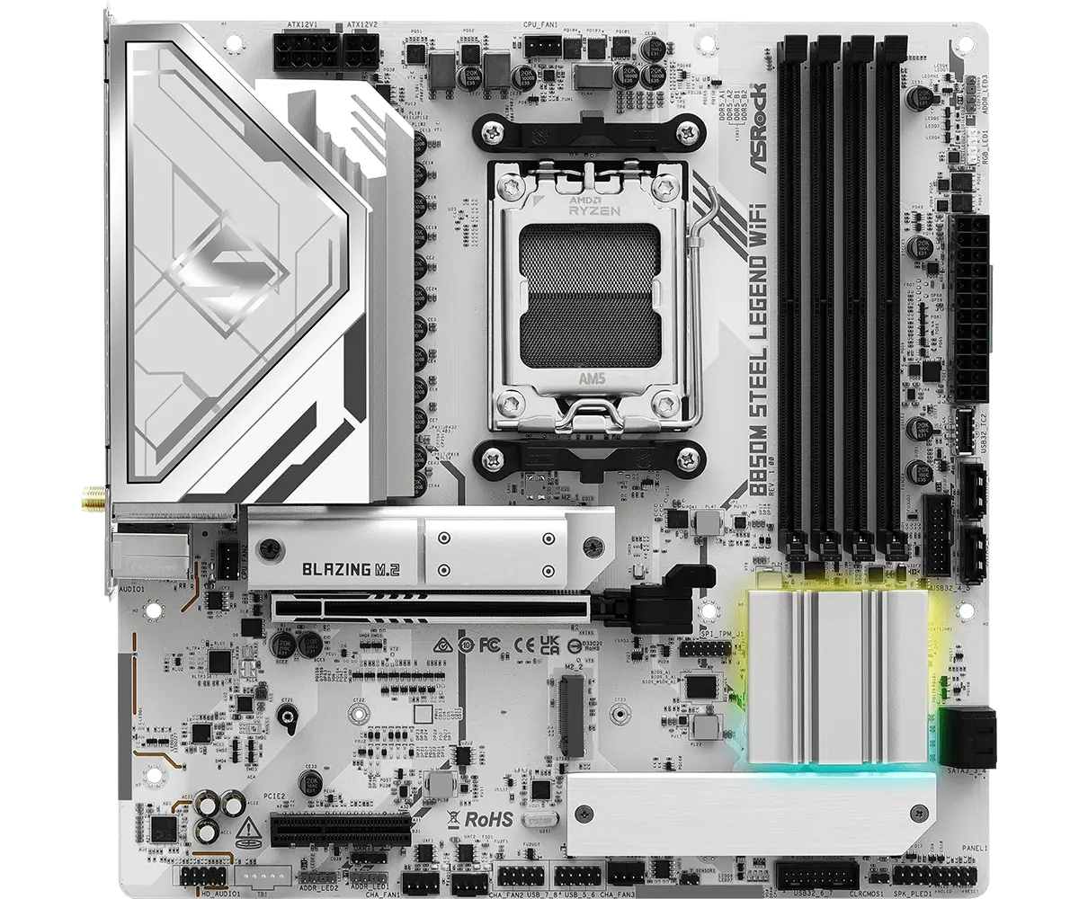 Placa Madre ASRock B850M STEEL LEGEND WIFI – Micro ATX / DDR5 / PCIe 5.0 / WiFi 7 / Ryzen 9000-8000-7000 vista 3