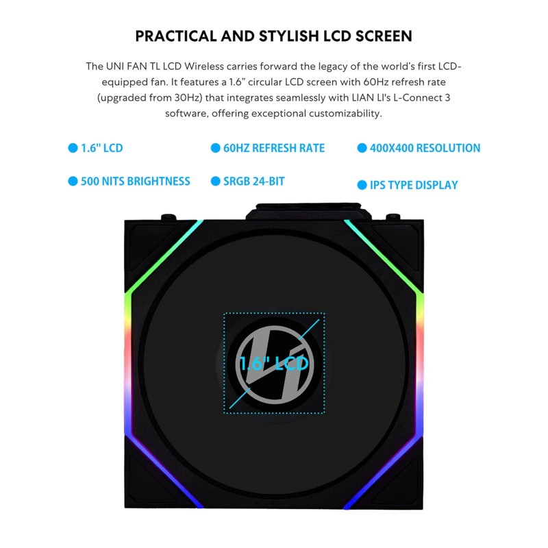 Ventilador Lian Li 140mm UNI Fan TL Wireless ARGB LCD vista 2